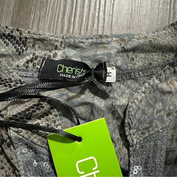 Cherish Made in Italy Gray Snakskin‎ Print Long Sleeve Quarter Button Top Size M - Picture 5 of 9